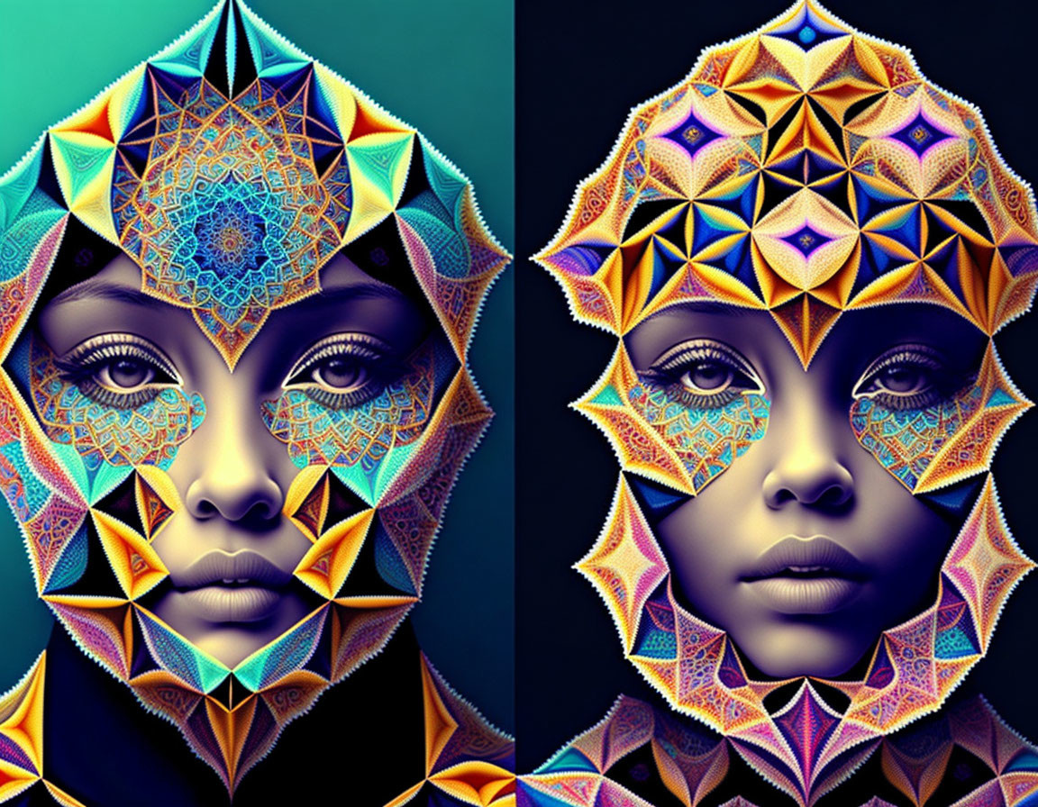 Symmetrical faces with colorful geometric patterns on teal-blue background