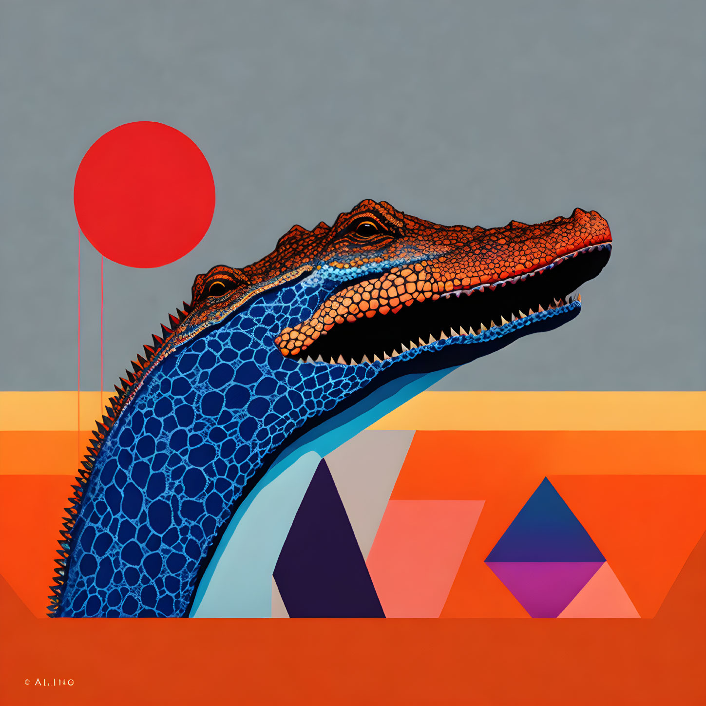 Vibrant side profile illustration of an alligator with patterned skin on abstract background