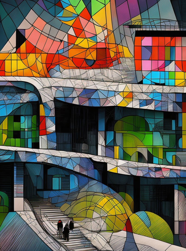 Vibrant abstract illustration of modern building with stained glass facade