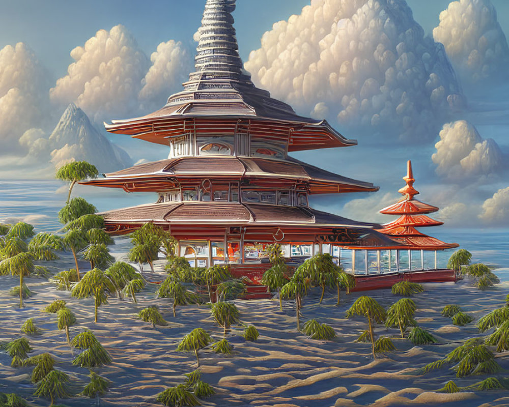 Elaborate Multi-Tiered Pagoda Surrounded by Palm Trees, Mountains, and Clouds