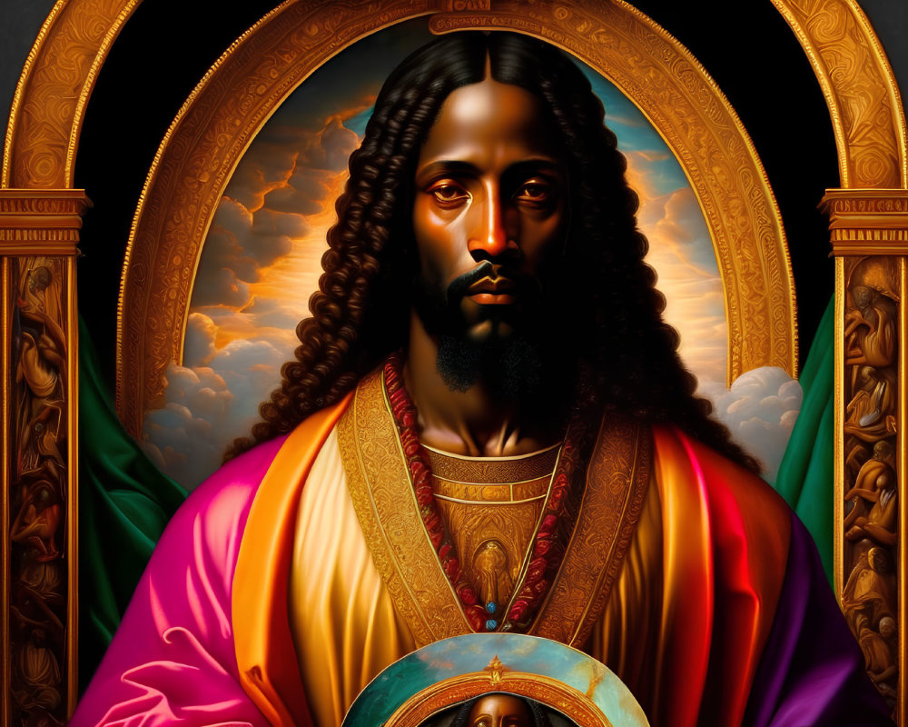 Colorful digital art portrait of a figure resembling historical depictions of Jesus Christ with a halo against heavenly