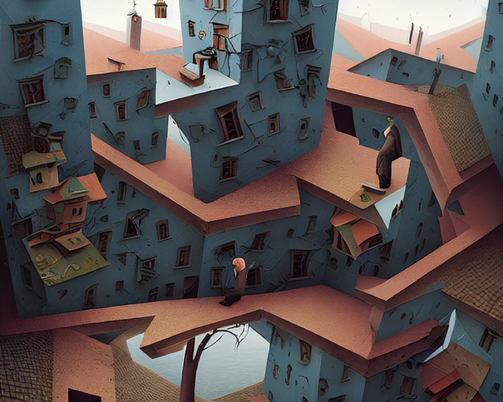 Surreal artwork of gravity-defying architecture with people and a cat in an Escher-like world