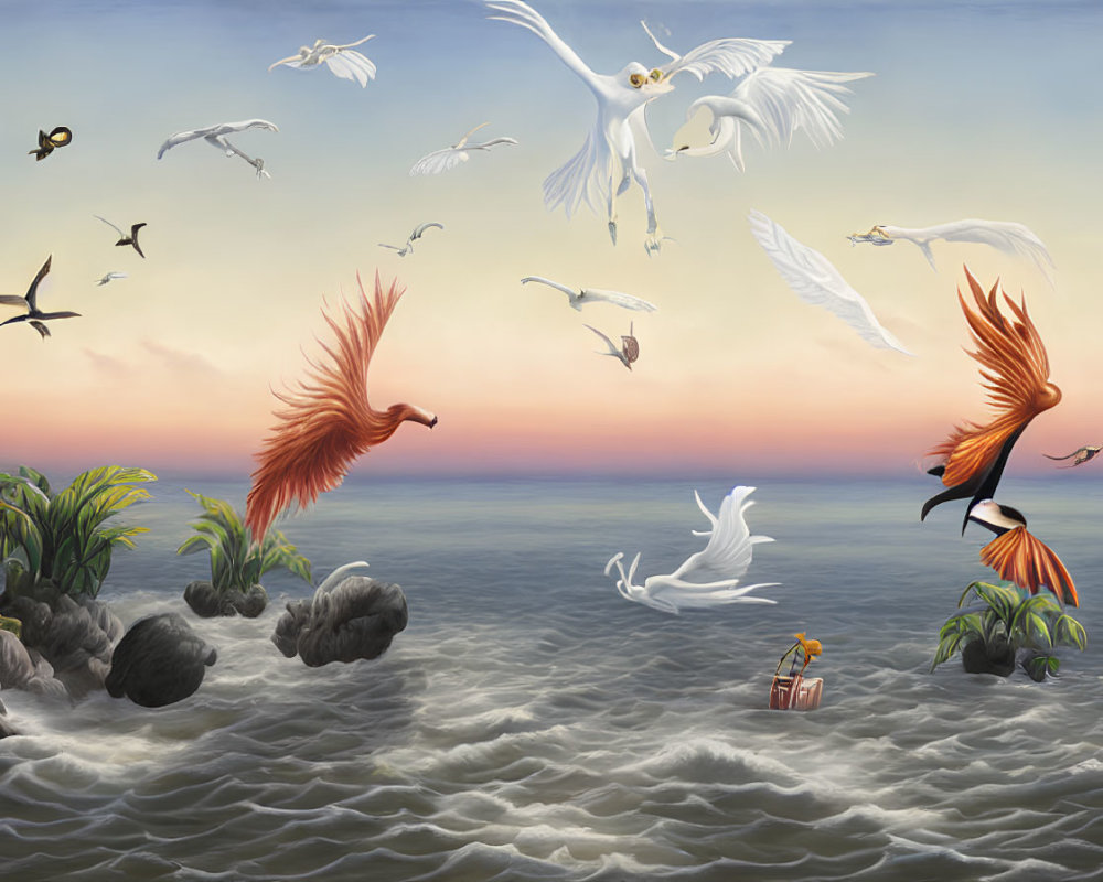 Surreal painting: Birds with flaming wings flying over churning waters