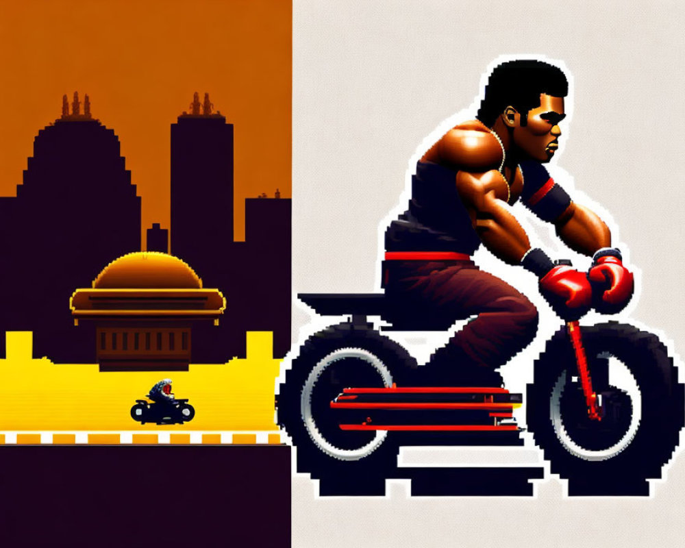 8-bit style small figure on bike with sunset city skyline and man on futuristic motorcycle illustration.