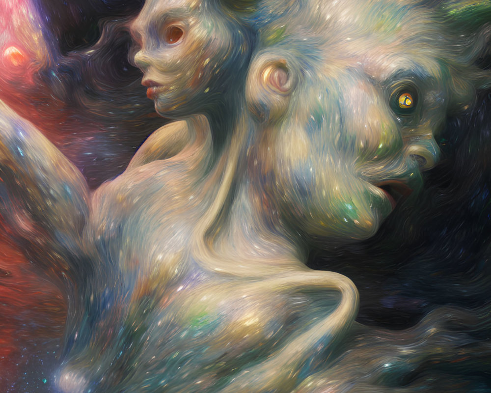 Surreal cosmic artwork: Ethereal faces merge with vibrant nebula