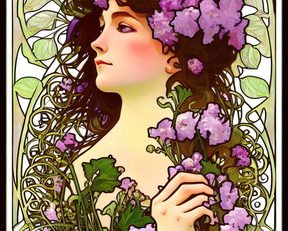 Art Nouveau Woman Illustration with Flowing Hair and Floral Elements