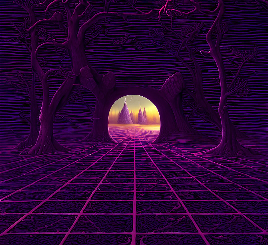 Purple grid landscape with sunset portal and sailboats on digital artwork