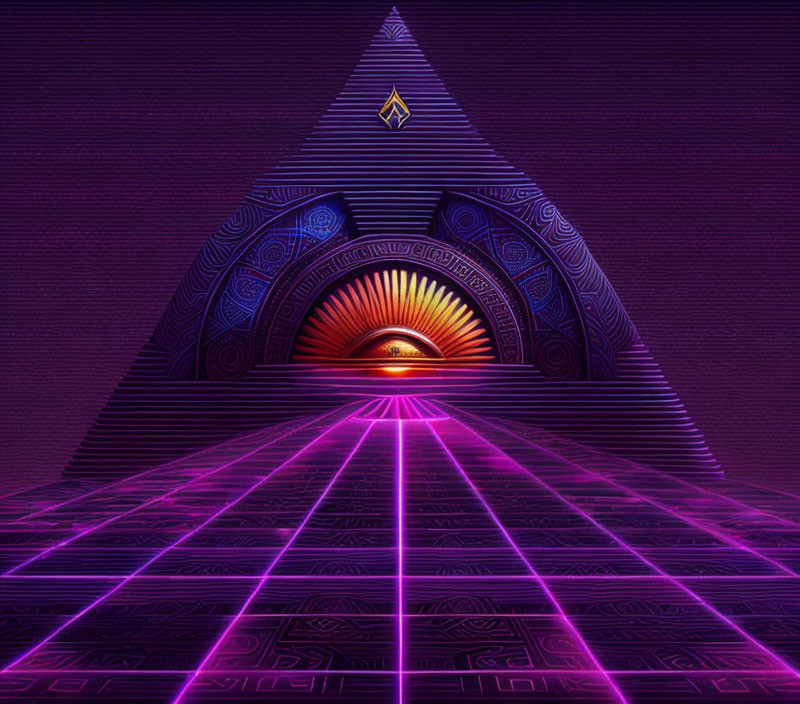 Colorful neon illustration of triangular structure with all-seeing eye on purple grid background