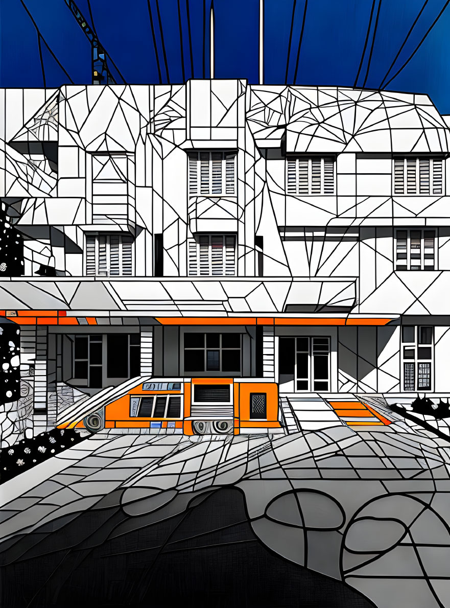 Urban scene graphic illustration with distinctive building and geometric patterns