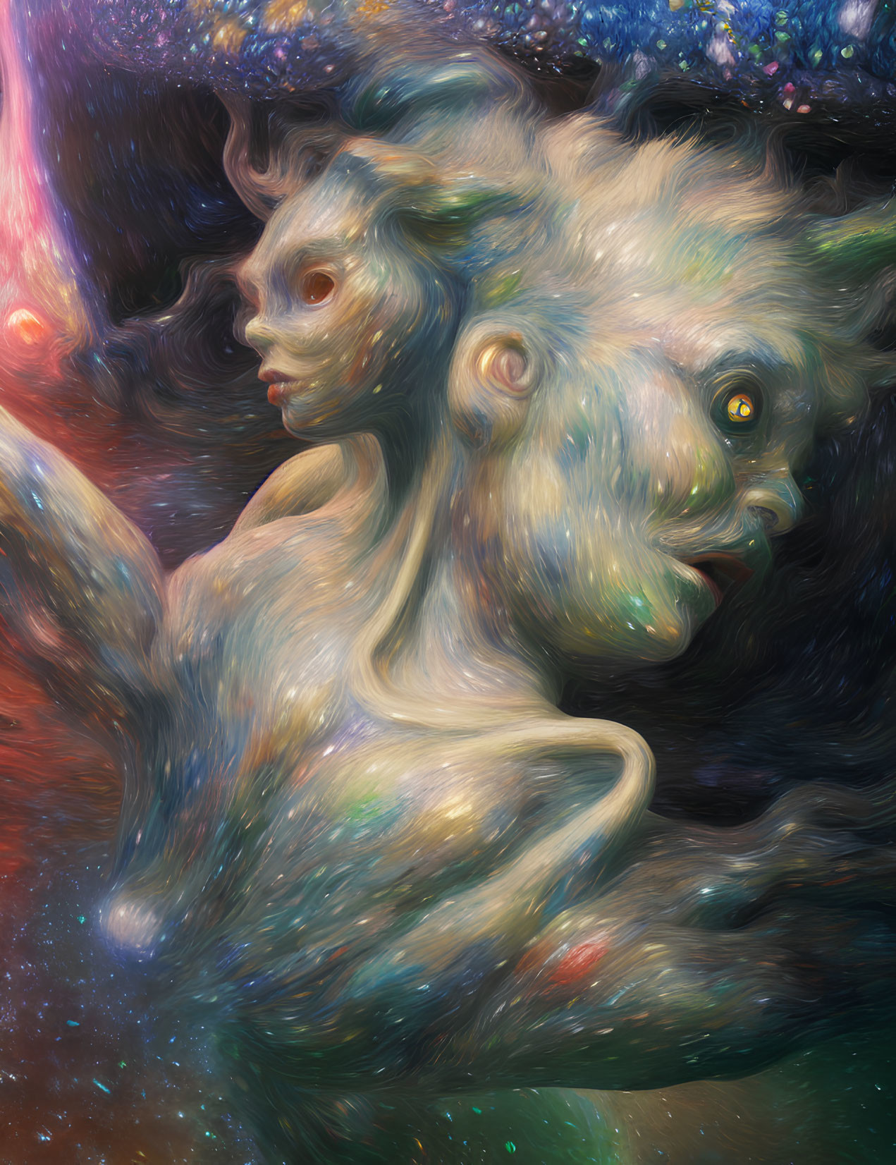 Surreal cosmic artwork: Ethereal faces merge with vibrant nebula