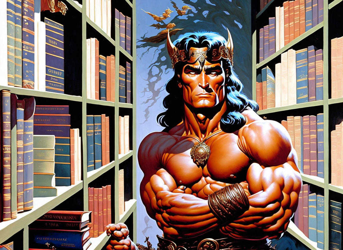 Muscular man with crown and gauntlets surrounded by books