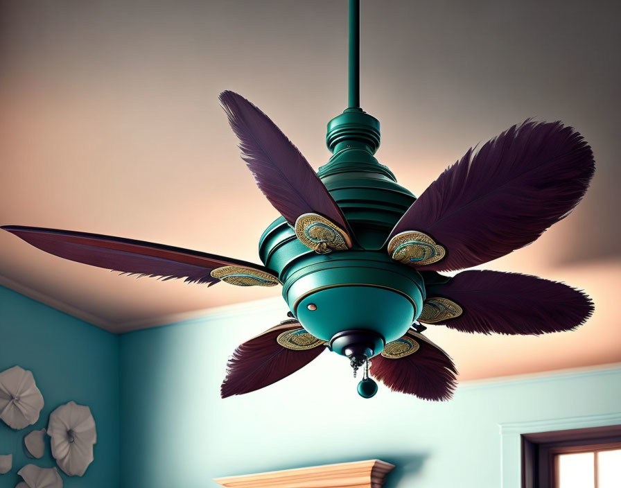 Unique Flower-Insect Design Ceiling Fan with Green, Gold, and Plum Colors on Teal Wall