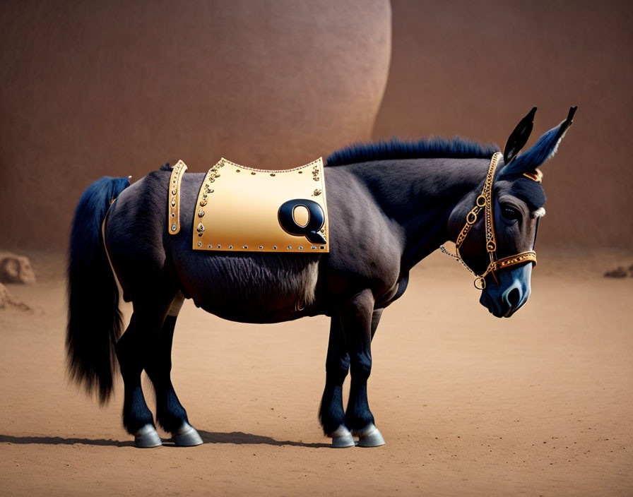 Dark-Colored Donkey with Golden Bridle and "Q" Saddle Blanket on Brown Background