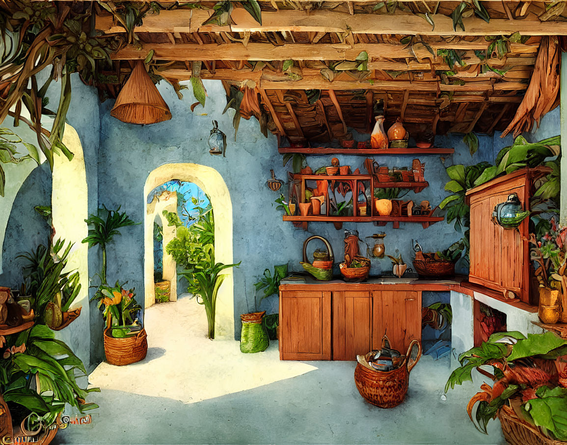 Rustic kitchen with terracotta pots, wooden shelves, and green plants