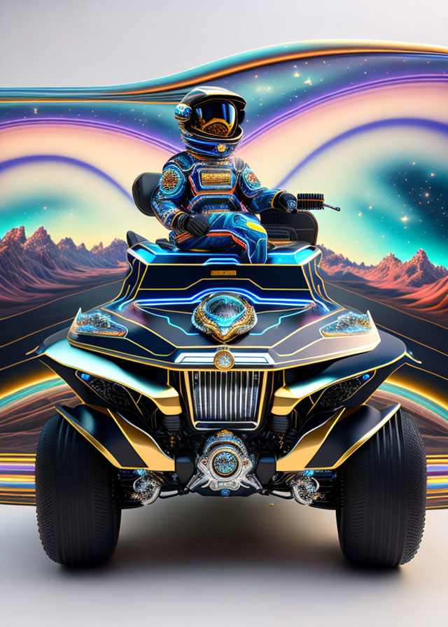 Futuristic suit rider on neon-lit ATV in surreal landscape