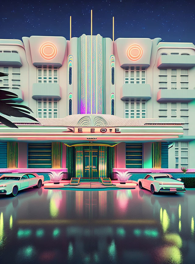 Art Deco building with neon lights, vintage cars, and dusk sky reflection.