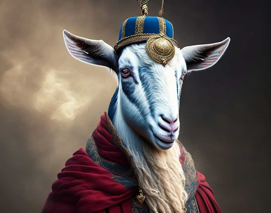 Goat in Blue and Gold Royal Headdress on Brown Gradient Background