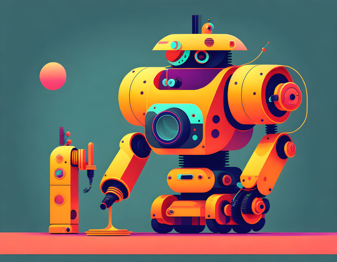 Whimsical robotic figure with camera torso and companion robot on teal background