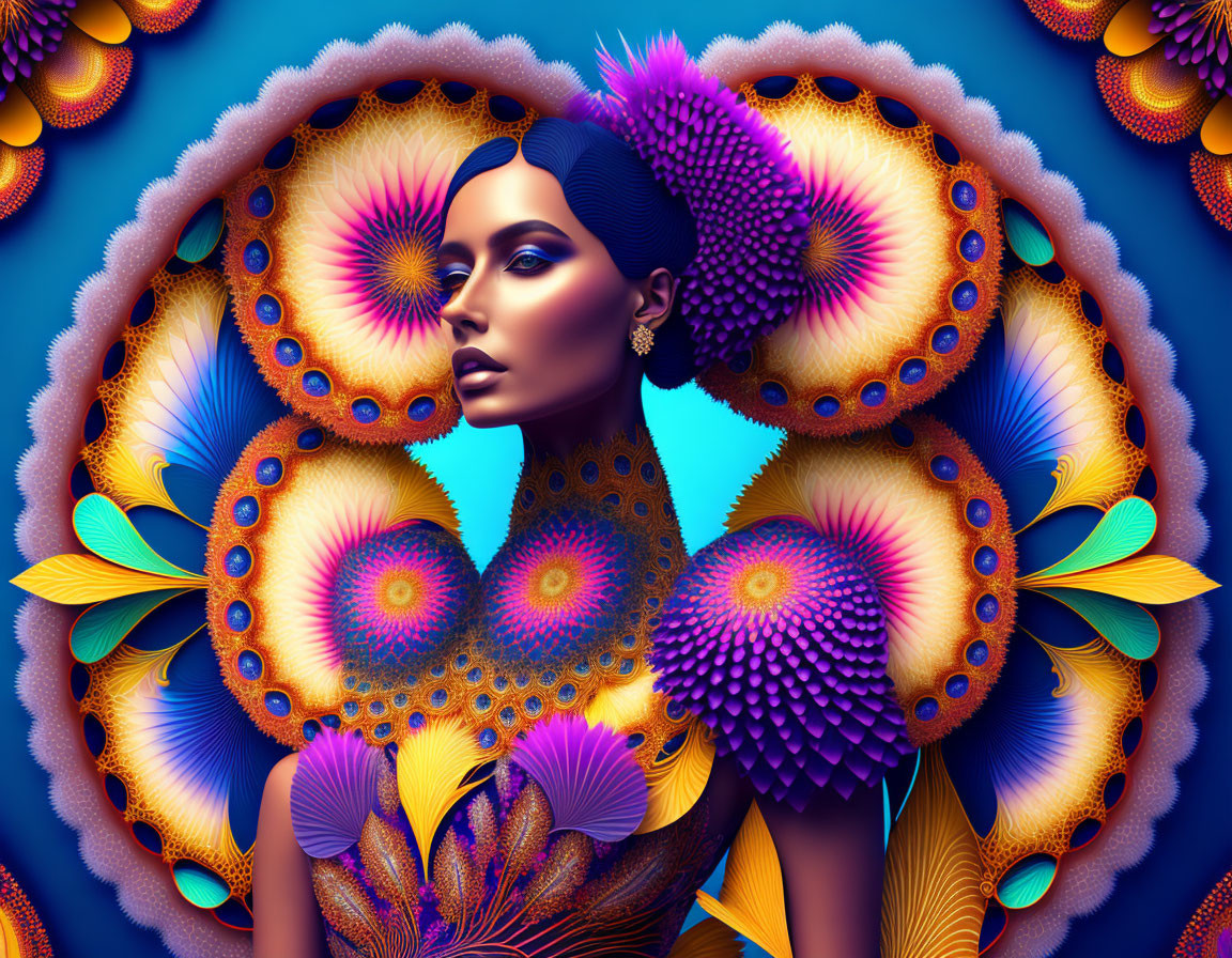 Colorful Peacock-Inspired Woman Portrait with Bold Blue Background