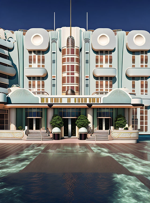 Pastel facade Art Deco building with curved lines and porthole windows