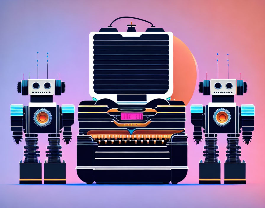 Three retro-futuristic robots with a boombox against gradient sunset background