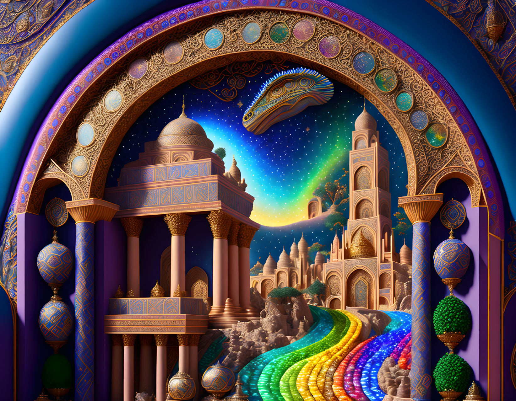 Fantastical Arabian nightscape with ornate buildings and cosmic serpent