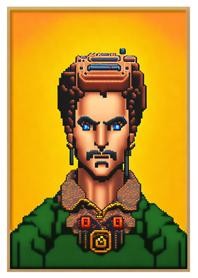 Detailed Pixel Art Portrait of Man with Futuristic Headset & Blue Eyes