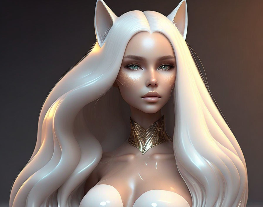 Digital illustration: Woman with white feline ears, long white hair, blue eyes, gold choker