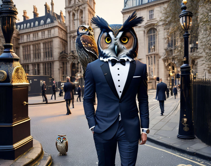 Surreal image: person with owl head in tuxedo on city street