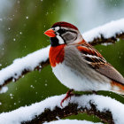 Vibrant bird on snowy branch with falling snowflakes