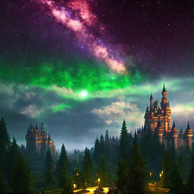 Enchanting castle in forest under vibrant night sky