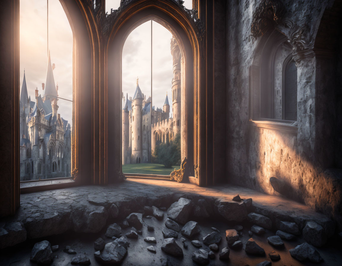 Dimly Lit Room with Open Doors Leading to Majestic Castle at Sunset