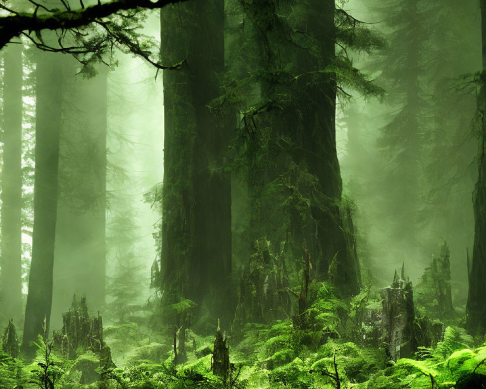 Lush Fern-Covered Forest with Towering Trees