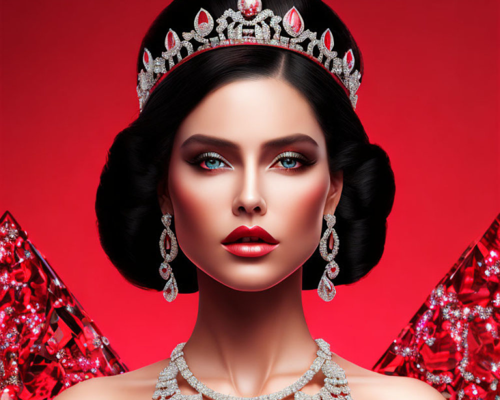 Woman with glamorous makeup and regal hairstyle in jeweled tiara and earrings on red backdrop.