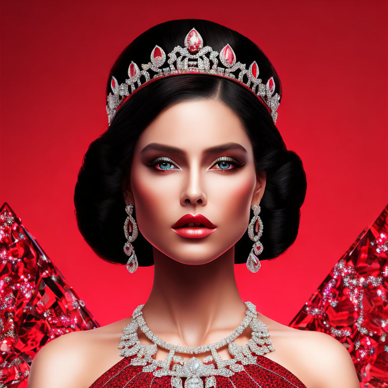 Woman with glamorous makeup and regal hairstyle in jeweled tiara and earrings on red backdrop.