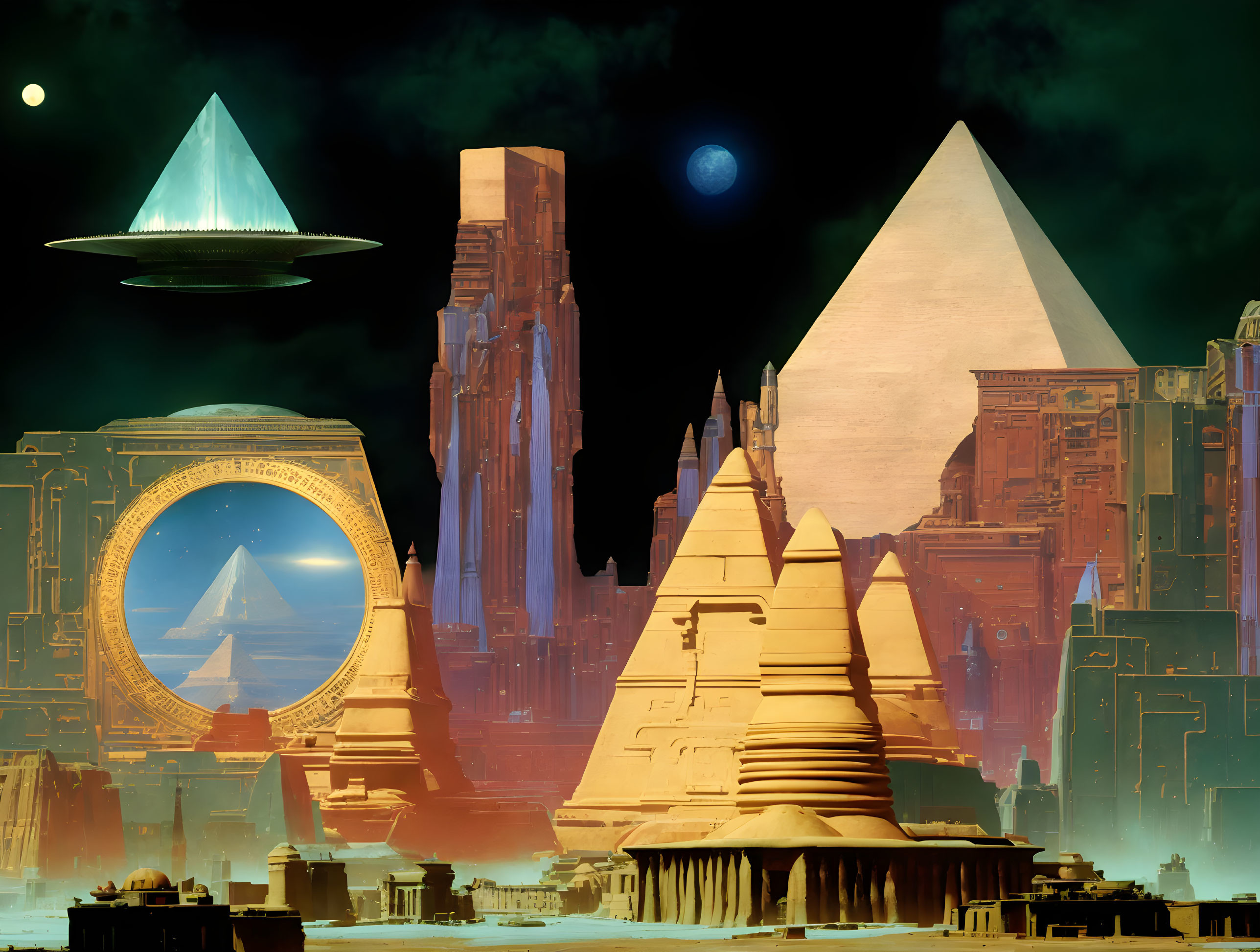 Futuristic cityscape with pyramids, UFO, portal, and starry sky