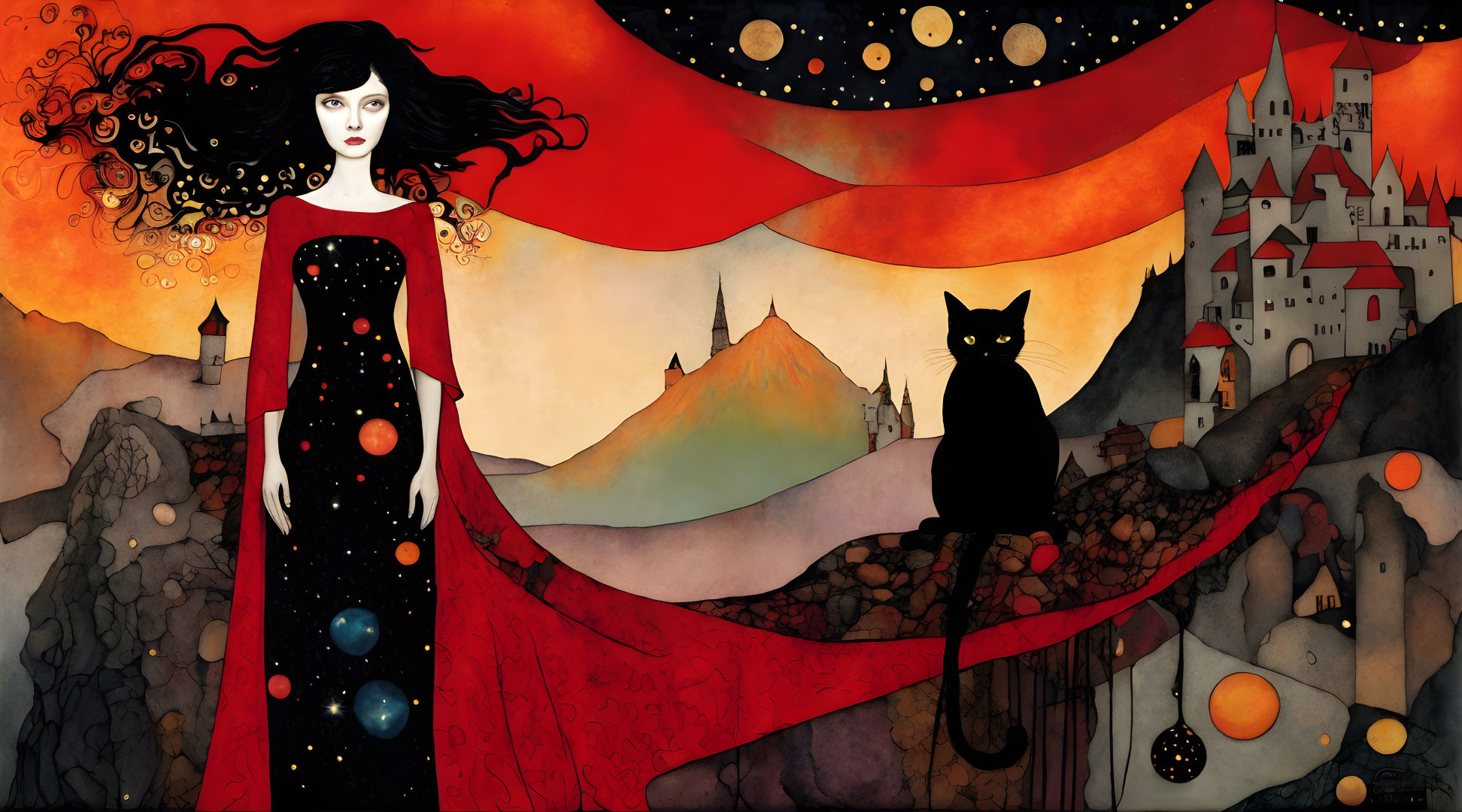 Cosmos-themed woman and black cat by whimsical castle in red sky