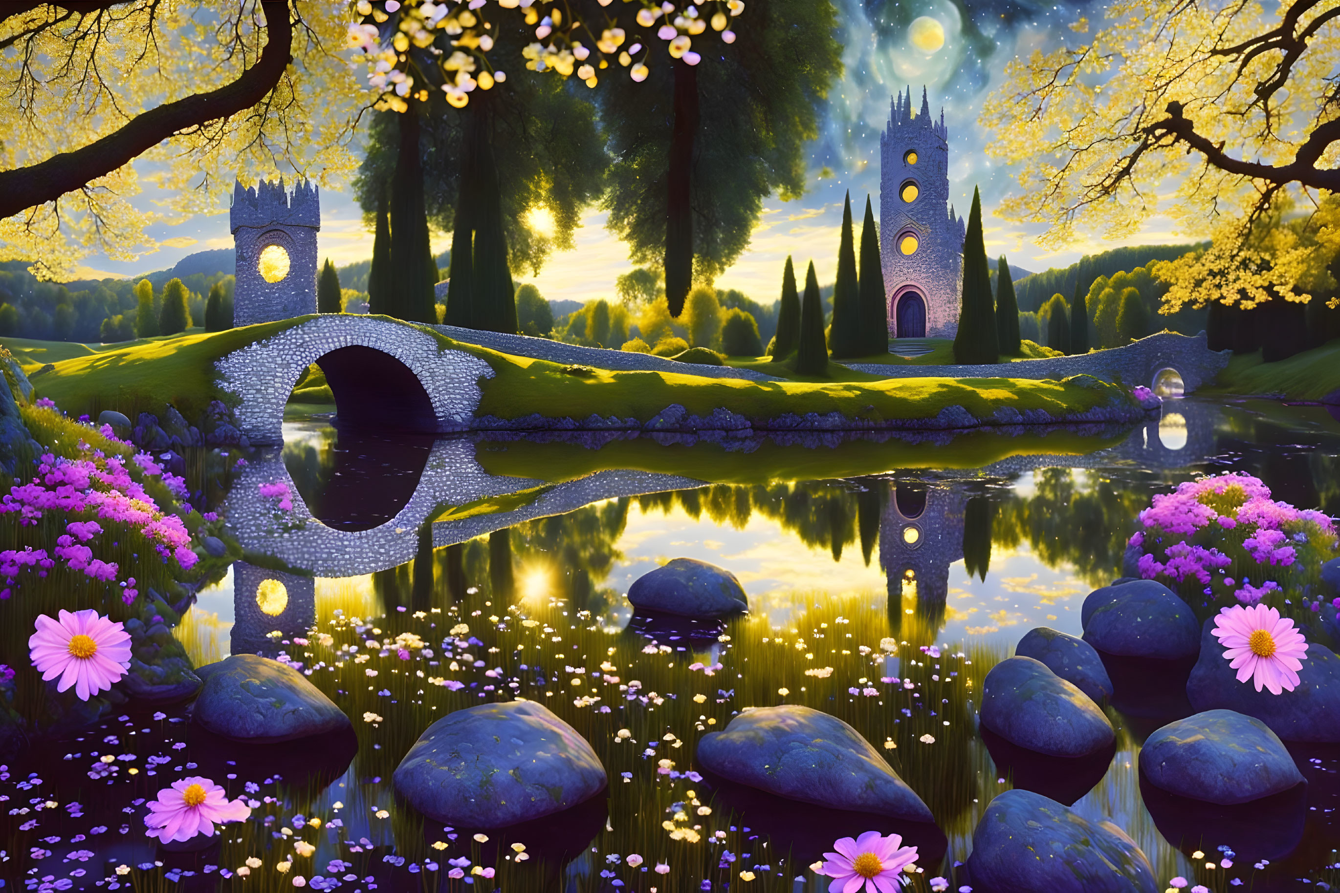 Fantasy landscape with reflective lake, vibrant flowers, moonlit sky, stone bridge, and tower.