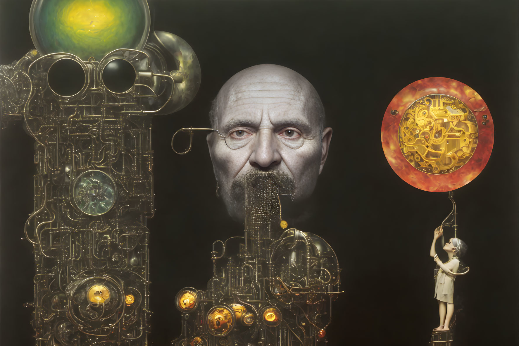 Surreal Artwork: Man's Face with Mechanical Structures and Child with Balloon