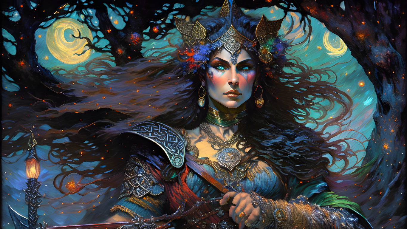 Warrior queen fantasy artwork with elaborate armor and headdress