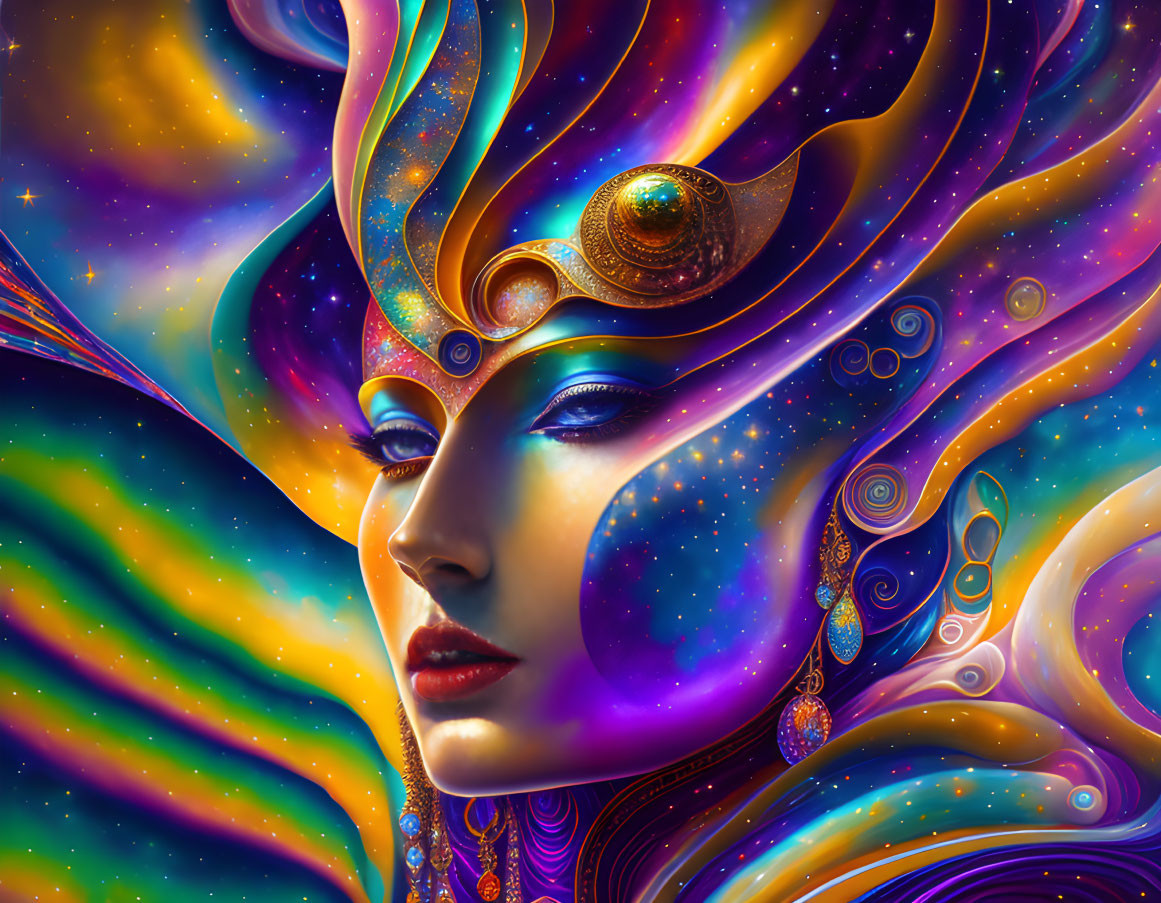 Cosmic-themed digital art of woman with swirling patterns