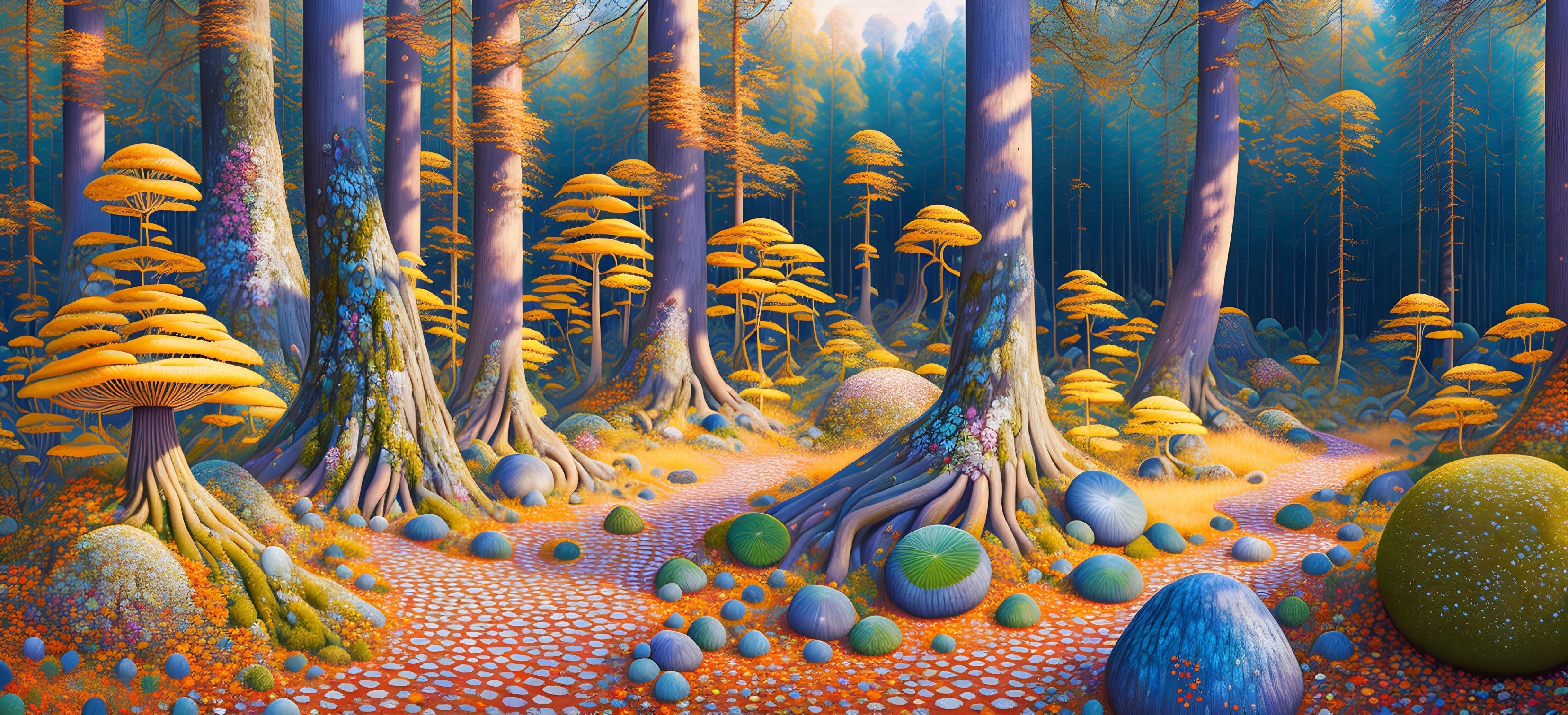 Colorful oversized mushrooms in vibrant fantasy forest