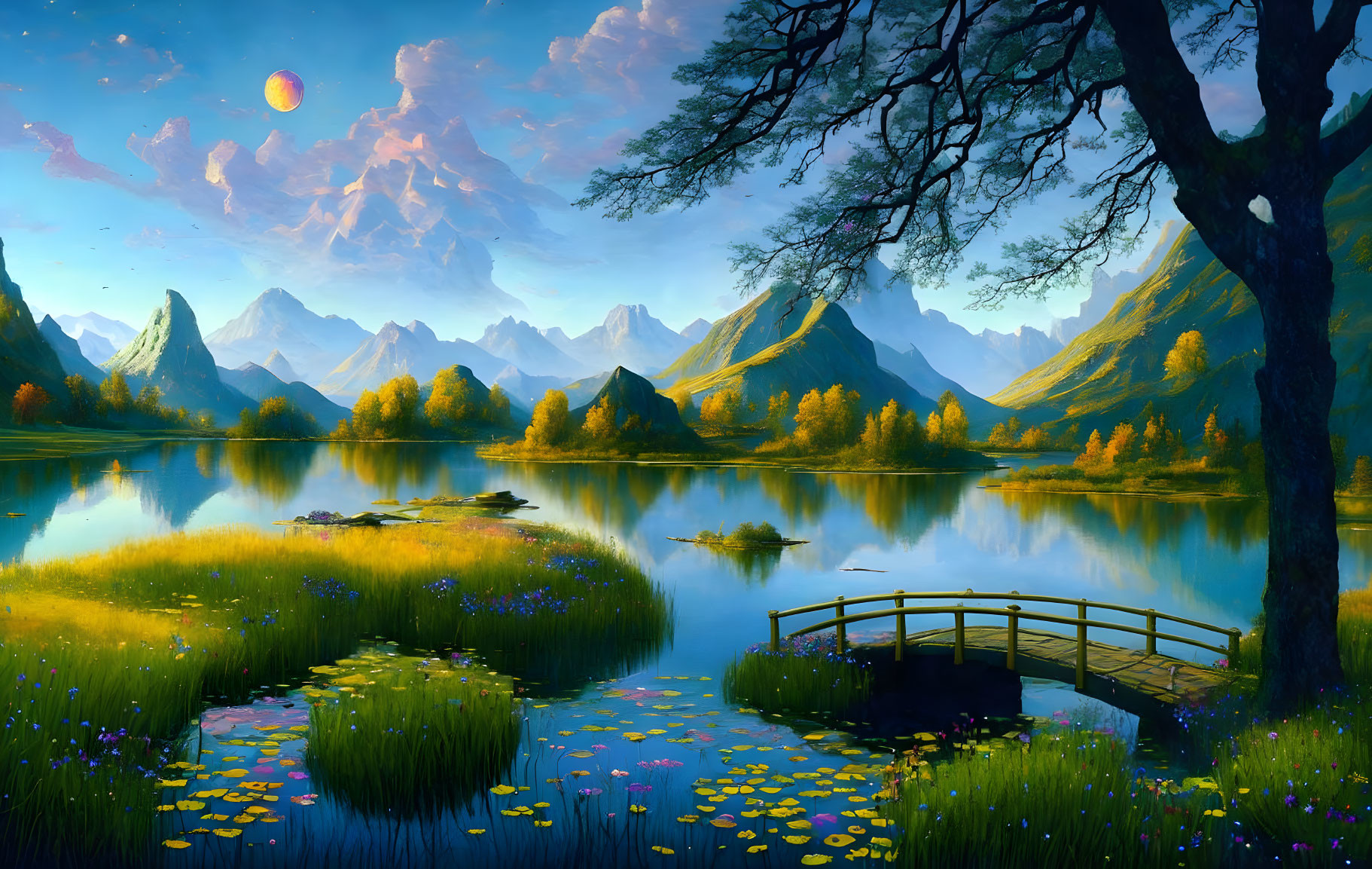 Tranquil landscape: idyllic lake, small bridge, vibrant flora, mountain peaks, sunset