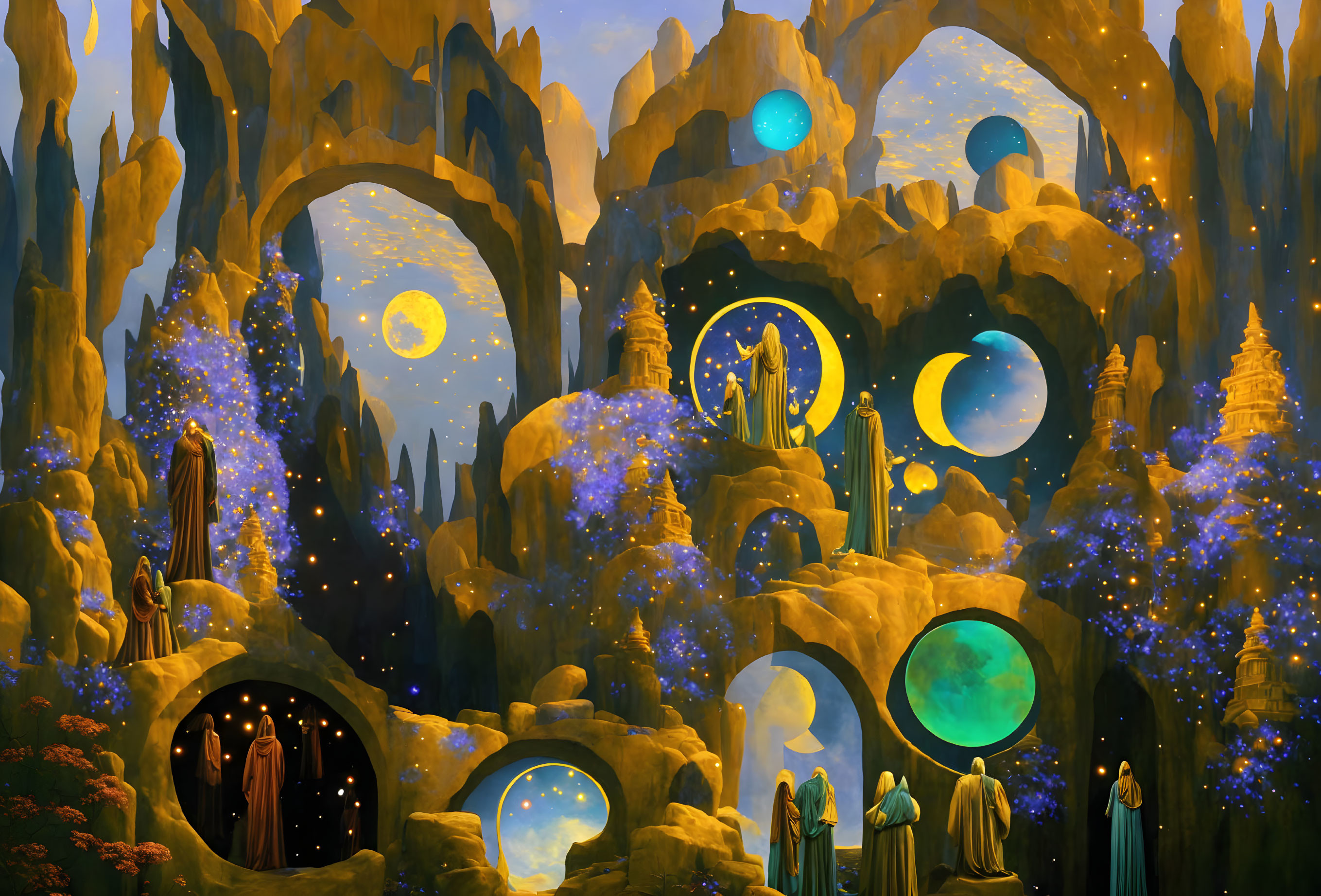 Ethereal fantasy landscape with golden spires and celestial bodies