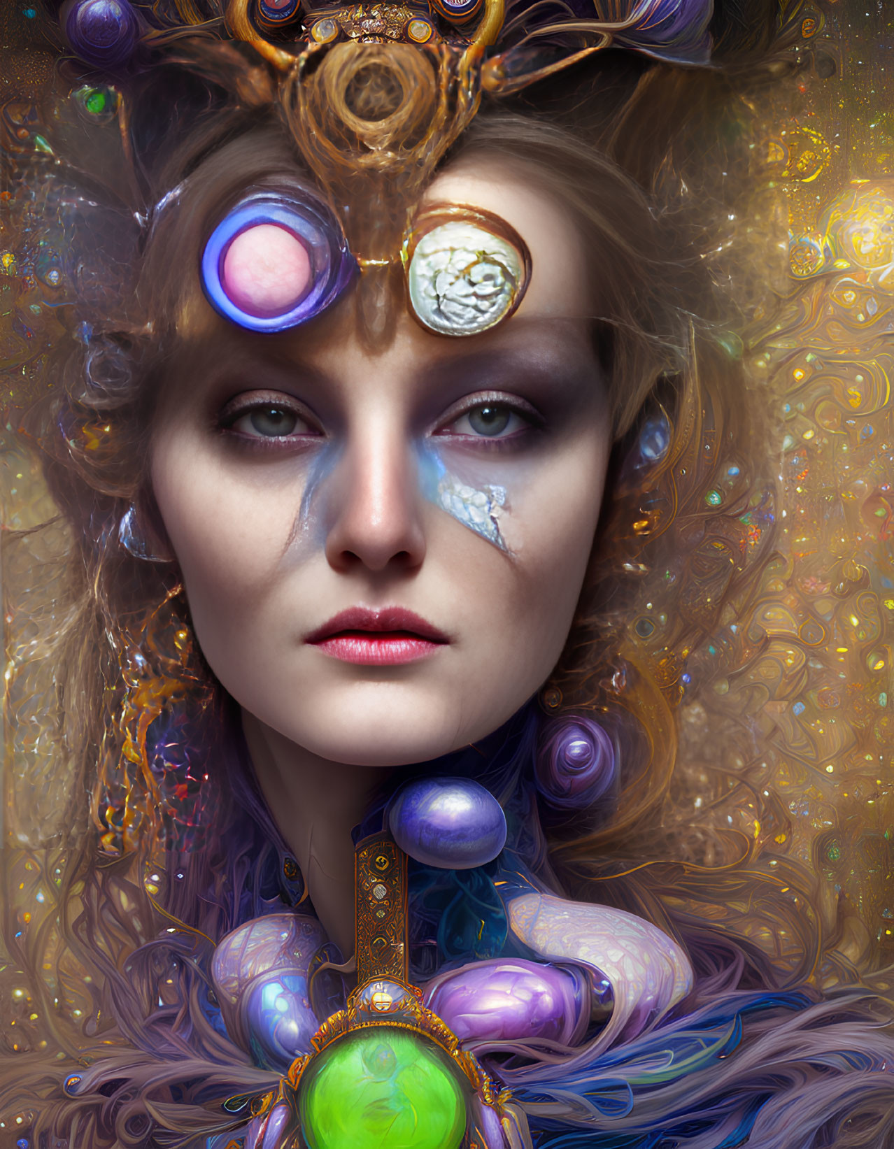 Ethereal makeup and swirling adornments on woman portrait