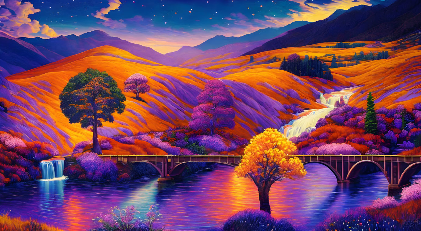 Colorful Landscape with Bridge, Waterfalls, Purple Trees, and Golden Hills at Dusk