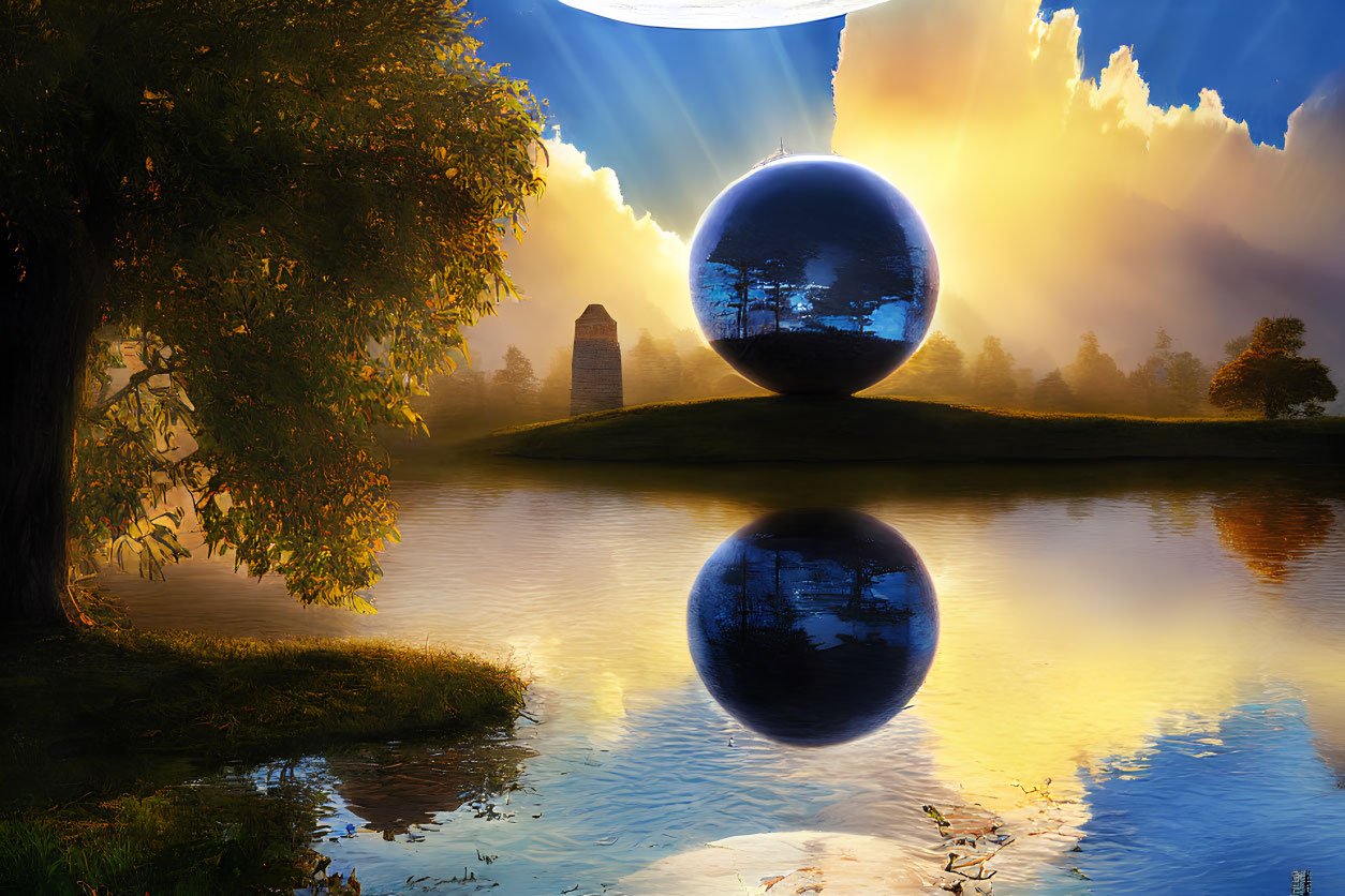 Tranquil landscape with tree, mirrored sphere, tower reflection, and glowing sunset