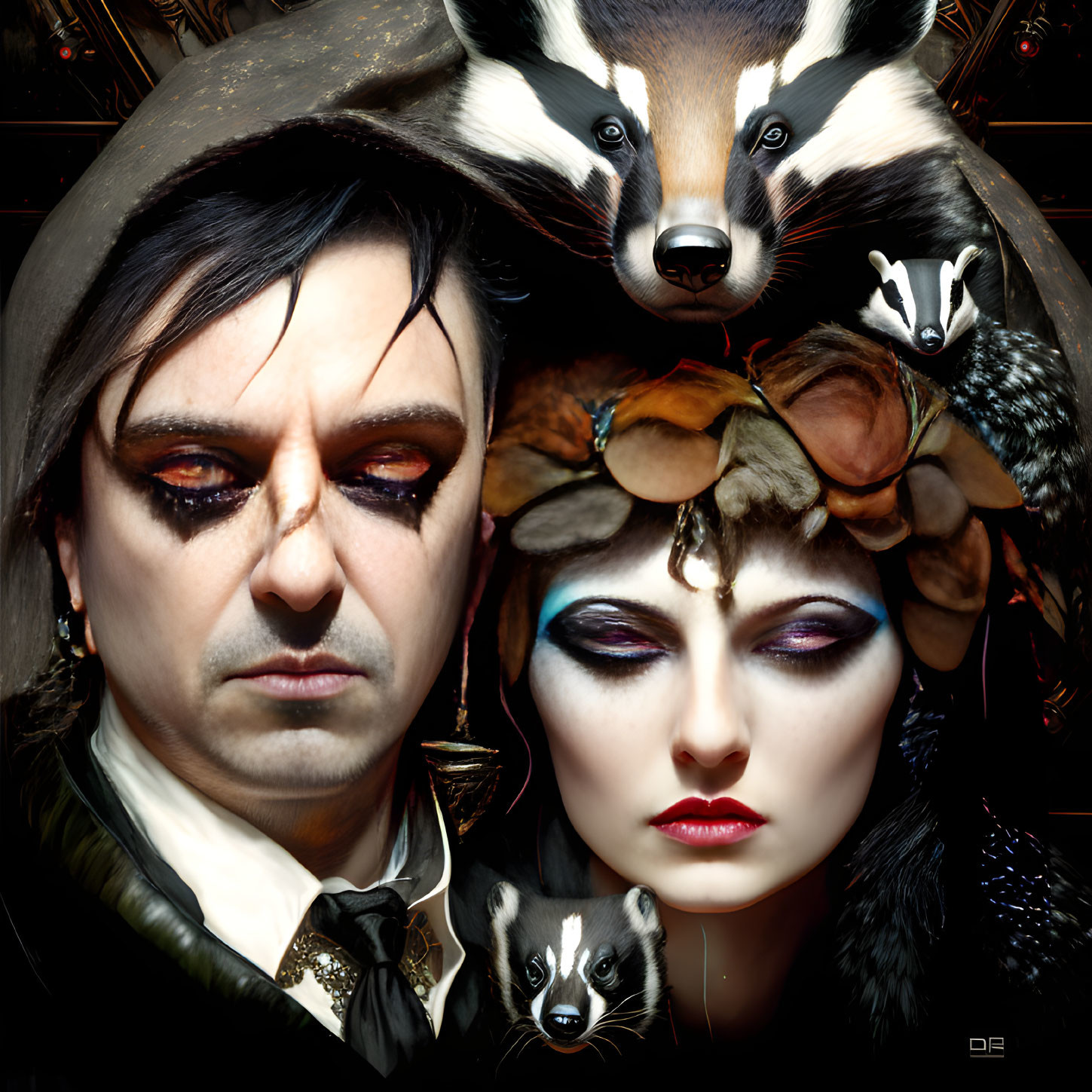 Elaborate Makeup Figures with Badgers on Ornate Dark Background