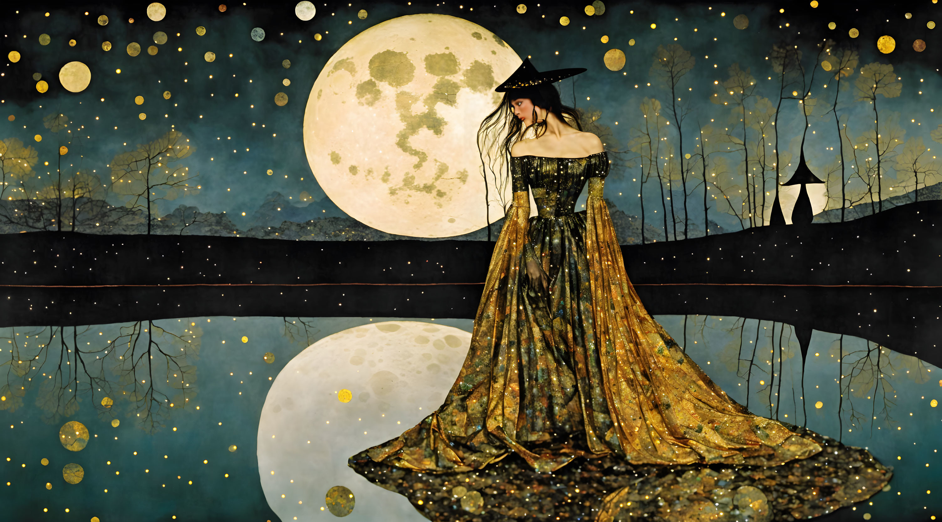 Elegant woman between whimsical moons in night sky