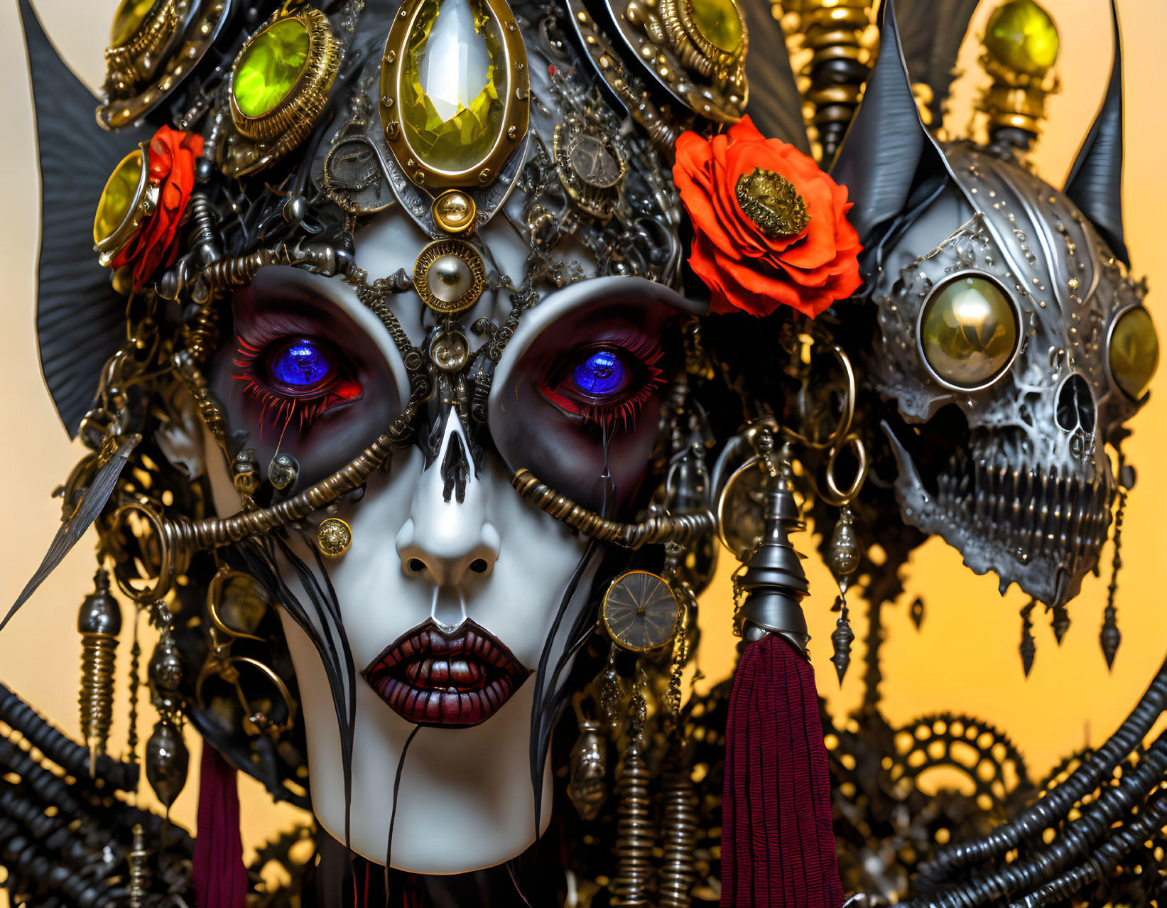 Digital artwork: Female figure with steampunk headdress, metallic skull, purple eyes, jewelry,